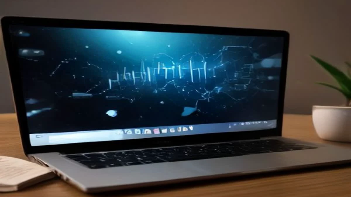 A laptop resting on a coffee table at night, its screen showing abstract rounded speech bubbles
